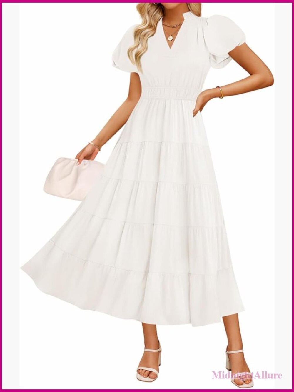 Puff Sleeve V Neck Ruffle Tiered Flowy Maxi Dress Boho Beach